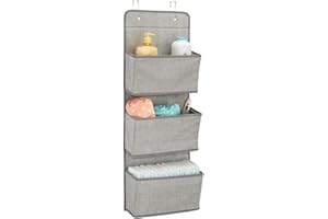 mDesign Estanteria colgante para organizar armarios - Percha para colgar ropa de bebe, peluches y toallas - Organizador de ropa para colgar - 3 bolsillos para mantas, pañales, toallas - gris