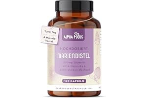 ‎ALPHA FOODS Mariendistel Kapseln hochdosiert | Mariendistel Artischocke & Löwenzahn Komplex | 120 vegane Kapseln | Hochdosiert mit 80% Silymarin | Vorrat für 4 Monate | in Deutschland produziert | Alpha Foods