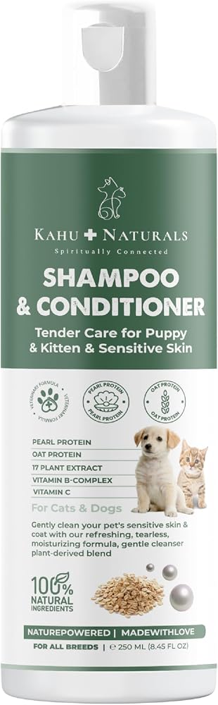 Kahu Naturals TenderCare Şampuan ve Nemlendirici, Yavru ve Hassas Cilde Sahip Kedi ve Köpekler için, Hipoalerjenik, Bitkisel Ekstrakt, 250 ml