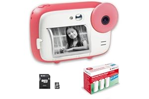 AgfaPhoto Pack Realikids Instant Cam + 1 Carte Micro SD 32GB + 3 Rouleaux Papier Thermique ATP3WH - Appareil Photo Instantané Enfant, Ecran LCD 2,4', Miroir Selfie et Filtre Photo - Rose