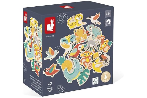Janod - Set de 24 Magnets Tropicaux Tropik - Jouet d'Eveil en Bois - Jouet Magnétique - Imagination et Motricité Fine - Certifié FSC- Dès 2 Ans, J08274