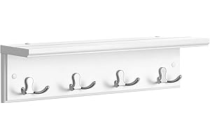 SONGMICS Perchero de Pared con Estante, Perchero de Pasillo, Perchero Flotante con 4 Ganchos Dobles de Metal, para Abrigos, Bolsos, para Entrada, Dormitorio, Salón, Blanco LHR42WT