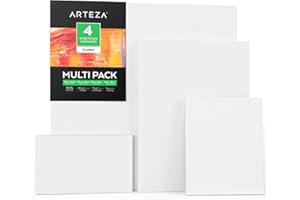 Arteza Tela Bianca Per Pittura, 50x50, 30x40, 20x25 e 25x15 cm, Kit da 4 pz, Cotone 100% e Imprimitura con Gesso Acrilico Bianco, Ideale sia per Artisti Professionisti che Appassionati, Acrilici