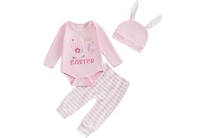 PanLidapan Newborn Baby Girl My 1st Easter Outfit Clothes Bunny Long Sleeve Romper Elasticated Waist Stripe Trouser Rabbit Ear Hat Set