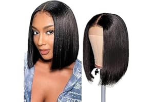 AiPliantfis Bob Perücke Damen Bob Wig Human Hair Wig Straight Natürliche Brasilianischemit Babyhaar Natural Black 4x4 Lace Grade 8A Unprocessed Virgin Brazilian Remy Hair 12 Zoll