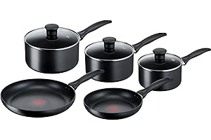 Tefal Induction Batterie de cuisine 5 pièces, 3 casseroles avec couvercles, 2 poêles, Induction, Revêtement antiadhésif, Thermo-signal G155S544