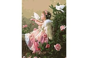 ABEUTY Peinture par numéros à faire soi-même pour adultes débutants – Ange Girl et colombe blanche 40,6 x 50,8 cm Peinture numéro jouet anti-stress (sans cadre)