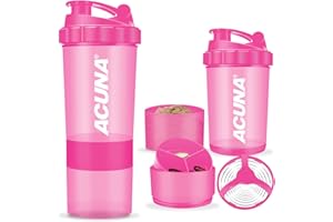 ACUNA Protein Shaker Bottle 600ml- 3 Layered Twist Off Cups For Pill & Supplement Storage - Steel Mixing Ball For Lump Free Smooth Shake- Easy To Clean Gym & Sports Shaker Bottle (Pink)