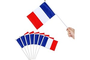 Brelet 40 Pièces Petit Drapeau Francais, Mini Drapeaux à main Tricolore avec Baguette en Plastique, Petit Drapeau Français avec Baton pour Décoration Football et Jeux (14 x 21 CM)