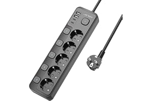 JSVER - Regleta 9 en 1 con interruptor individual, 5 enchufes, 2 USB A y 2 USB C (3680 W, 16 A), enchufes seguros para niños, cable de 2 m, color negro