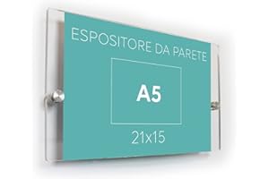 3DScube Espositore in Plexiglass da Parete a SANDWICH per Avvisi, Porta Annunci e Depliant Formato A5 ORIZZONTALE 21x15 cm, Completo di Distanziali in Alluminio