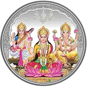 PRD CARATCAFE Colour Laxmi Ganesh Saraswati Coin 10 Gm Trimurti God For Puja BIS Hallmark 999 Silver
