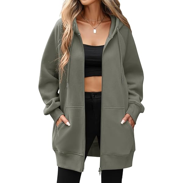 EMATOP Damen Sweatjacke Lang Mit Kapuze | Leichte Fleecejacke Mit Reißverschluss Für Übergangszeit