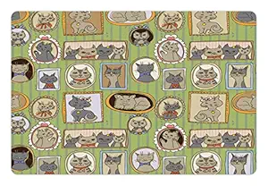Lunarable Cat Lover Pet Mat for Food and Water, Framed Pictures of Cats on The Wall Memories Moments, Rectangle Non-Slip Rubber Mat for Dogs and Cats, Reseda Green Amber Beige