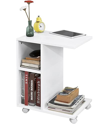 HOMCOM Bedside Table with Wheels, Coffee Table, Modern Design Coffee Table with 3 Shelves for Bedroom, Living Room, Wood-Based Sofa Table, Grey White, 35 x 29.5 x 65.5 cm