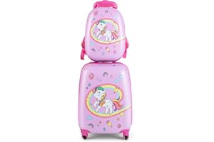 COSTWAY Maleta Infantil Niños, Equipaje de Viaje con Mochila, Equipaje Infantil con Ruedas Universales y Mango Ajustable, Juego de Mochila y Maleta Cabina Trolley (Unicornio)