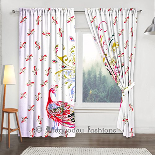 2 Stück Baumwolle Tabelle Fenster Vorhang Panel Behandlung Drapes, Feder Pfau indischen Mandala Gardinen Querbehang, Balkon-Set ROOM DECOR Vorhang Boho - 2