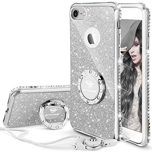 OCYCLONE Funda Movil iPhone 8/iPhone 7,Purpurina Fundas Carcasa con Anillo para Mujer,Ultra Slim Soft TPU Funda Movil con Glitter Brillante Anillo Bumper Apple iPhone 7,iPhone 8 para Mujer,Plata