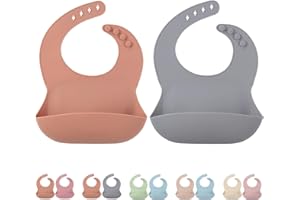 COTTONBEBE Silikon Lätzchen Baby, Baby Lätzchen mit Auffangschale, BPA-Frei Abwaschbar Wasserdichte Baby Fütterlätzchen für Mädchen und Junge, 4 Verstellbaren Tasten, 2 Stück