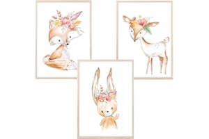 MeinBaby123® Set di 3 poster per cameretta dei bambini, formato DIN A4, motivo: animali indiani, boho