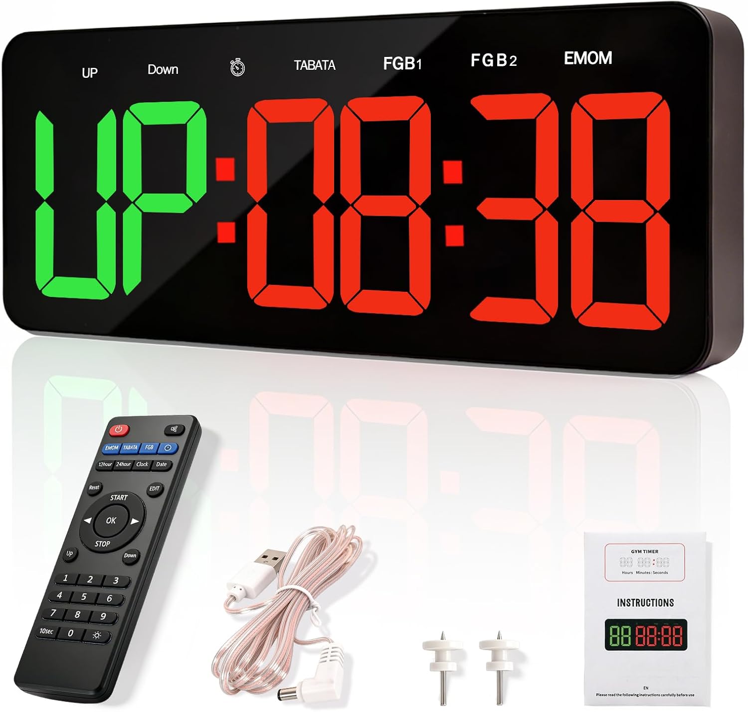 Manoive Temporizador de Gimnasio, 13" Grande Reloj de Pared Digital Temporizador de Intervalo LED con Countdown & Up Cronómetro, Brillo & Volumen Ajustable, Gym Timer con Control Remoto para Casa