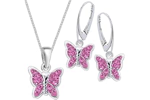 Goldene Hufeisen Mädchen Kinder Kristall Schmetterling Brisur Ohrringe + Anhänger + 40cm Kette 925 Silber Set