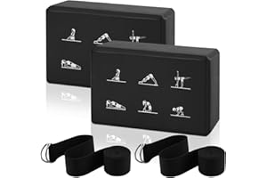 BOJVESH 2 Yoga Block and Yoga Strap Set, High Density EVA Foam Blocks, Non-slip Yogas Bricks with 6ft Strap, Supportive Latex-Free Yogas Blocks Kit to Improve Balance(9×6×3")