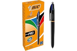 BIC 4 Colours Pro Multi Pen, Multi Coloured Pens All In One, Retractable Ballpoint Pen, Medium 1.0mm, Green, Blue, Red, Black, 12 Pens Per Pack, 1 Pack