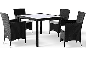 ‎CASARIA Casaria® Gartenmöbel Set 9-TLG. mit Tisch 90x90 cm 4er Stühle 160 kg belastbar Auflagen Wetterfest Stapelbar Polyrattan Schwarz Balkon Terrassen Möbel