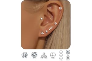 Senteria 6/8 Pairs Sterling Silver Stud Earrings for Women S925 Silver Stud Earrings Set Anti-Oxidation Zirconia Studs Hypoallergenic Small Studs Earring for Women Set