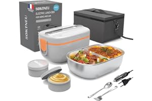 SOKTNEU Gamelle Chauffante 80W 3 en 1 Haute Puissance Lunch Box Electrique Isotherme 220V 24V 12V 1.5L Acier Inoxydable Portable Boîte Chauffante Repas pour Voiture Camion Bureau Travail