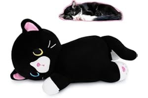 AUSPICIOUS BEGINNING Black Cat Plush Pillow Kawaii Plush Kitten Soft Toy, Plush Black Cat Stuffed Animal Hugging Pillow Cute Stuffed Cat Doll Pillow Plush Black Cat Cushion, Cuddly Toy for Kids Birthday Christmas