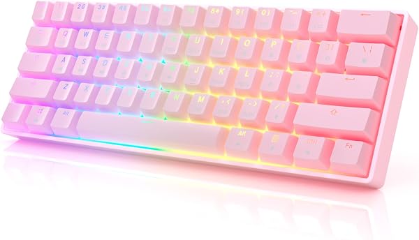 HK Gaming GK61 Mechanical Gaming Keyboard 60 Percent | 61 RGB Rainbow LED Backlit Programmable Keys | USB Wired | For Mac and Windows PC | Hotswap Gateron Optical Blue Switches | Pink - 1