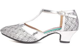 JUODVMP Zapatos de Baile con Correa en T para Mujer Zapatos de salón de Salsa con Purpurina, tacón bajo, DY309