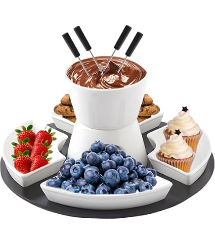 Set Fondue Au Chocolat En Céramique - 4 Fourchettes, 4 Coupelles, Plateau, Idéal Pour Apéro Ou Fête - 9