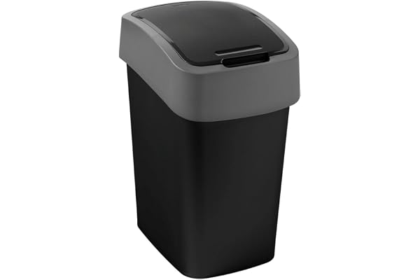 CURVER Flip Bin - Poubelle 10L à couvercle basculant - Pour Cuisine, Bureau, Salle de Bain - 18,9 x 23,5 x 35 cm - Noir / Gris