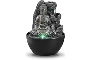 Fuente de Interior de Buda Relajante – Fuente Cascade – Decoración Zen Feng Shui – Idea de Regalo Elegante y útil – Fuente de Mesa con luz LED – 18 cm – Revata Zen'Light