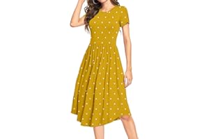 DEARCASE Vestito a Tunica a Maniche Corte da Donna Motivo a Pois Scollo Rotondo Vestito Midi per L'Estate Stile Scampanato Casual con Tasche