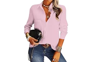 NONSAR Elegante Blusa Informal para Mujer con Cuello en V, Manga Larga y Botones, Estilo Casual y de Vestir, Corte Suelto, Color Liso