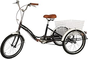 HaroldDol Adult Tricycle, 20 Inch Senior Tricycle, Single Speed 3-Wheel Bicycle, with Shopping Basket