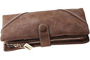 Bcony Moda Mujer Gran Capacidad Cartera/Monedero/Billetera/Bolso de la señora/de Cuero Larga con el botón y Construido en el Bolsillo de la Moneda,Café marrón