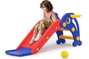 LEFLUFFY 3 in 1 Kids Slide, Freestanding Slide Climber Playset with Basketball Hoop and Ring Toss, Indoor Outdoor Kids Playground for Boys Girls Age 1 2 3 4 5 6