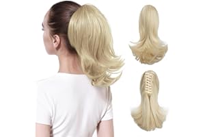 CJL HAIR Short Claw Clip Ponytail Hair Extension Drawstring Synthetic Fake Hairpiece for Women 12" Straight Ponytail with End Curls Beach Blonde