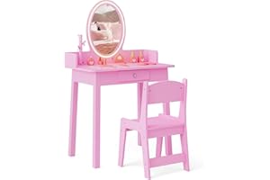 RELAX4LIFE 2 en 1 Tocador de Maquillaje Niña con Espejo Extraíble, Luces LED de 2 Colores y Taburete, Tocador/Escritorio Niña de Madera con Cajón, Dispositivo Antivuelco para Niños 3-8 Años (Rosa)