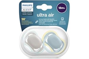 Smoczek Ultra Air Philips Avent, dla dzieci powyżej 18 miesiąca życia, sztywny smoczek, ortodontyczny i bez bisfenolu A, 2 szt., w zestawie sterylizator/torba do przenoszenia, SCF349/01