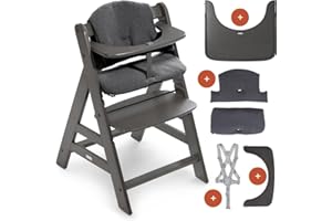 hauck Hochstuhl Alpha+ inkl. Tablett & Sitzpolster - Mitwachsender Babystuhl aus Holz, Kinderhochstuhl ab 6 Monate, verstellbar - Charcoal
