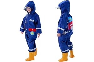 Domueay Puddle Suit for Children Waterproof All in One Rain Suit Boys Girls One Piece Easy Dry Raincoat Hooded Breathable Lightweight Rainwear Muddy Suit with Reflective Stripes for Age 1-8 Years