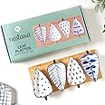 Nestasia Ceramic Serving Platter | 4 Small Leaf-Shaped Plates with 1 Wooden Tray | Perfect for Serving Sweets, Cookies, Dry F