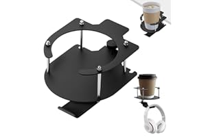 MONGTSAMZ Porta Vasos Escritorio 2 en 1, Portabotellas de Escritorio Ajustable, Portavasos Giratorio de 360º, Metal Portavasos Antiderrame, Ajustable Soporte para Tazas de Cafe Clip para Hogar y Oficina (Negro)