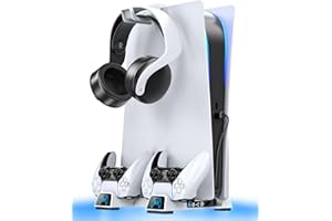 OIVO PS5 Stand with Cooling Fan and Headphone Stand, PS5 Controller Charger for PS5 Controller, Space Saving 10 Games Storage for Playstation 5 Console